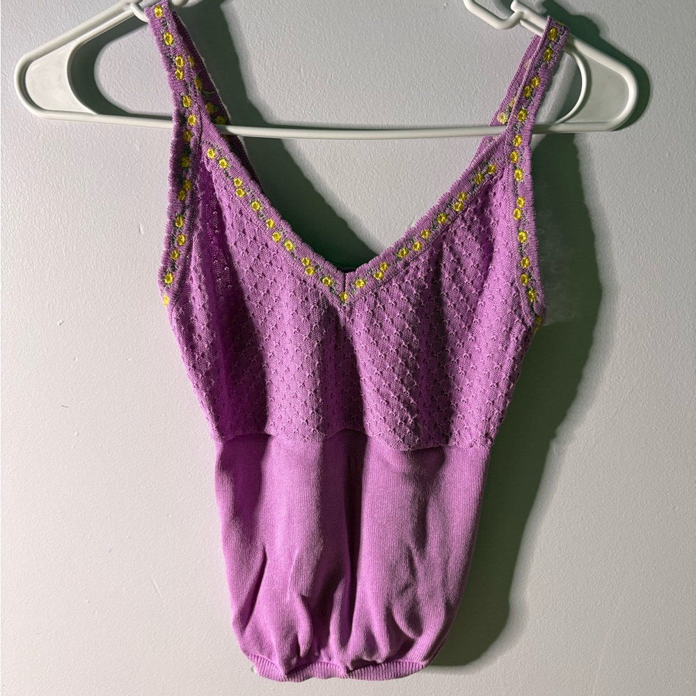 Free People Embroidered Lavender Knit One-Piece Tank